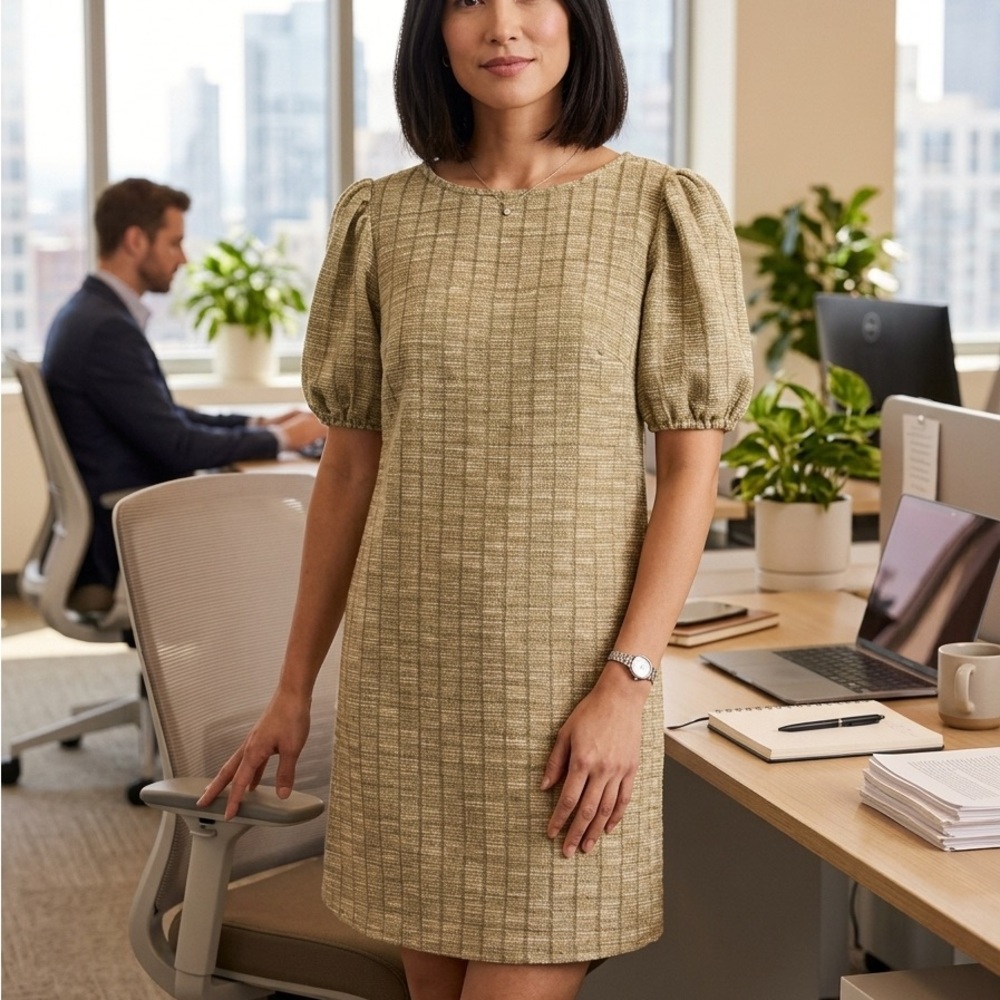 ModCloth Chic by Week Puff-Sleeve Shift Dress in Gold